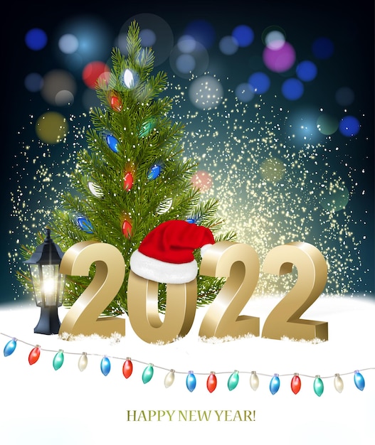 Flights At Christmas 2022 Premium Vector | New Year And Merry Christmas Holiday Background With 2022  With Santa Hat And Colorful Garland. Vector.