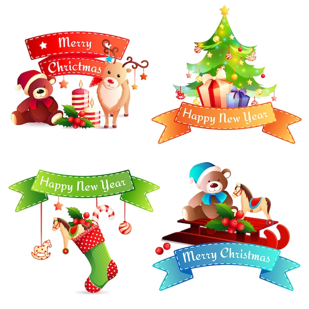 New year and merry christmas ribbons set