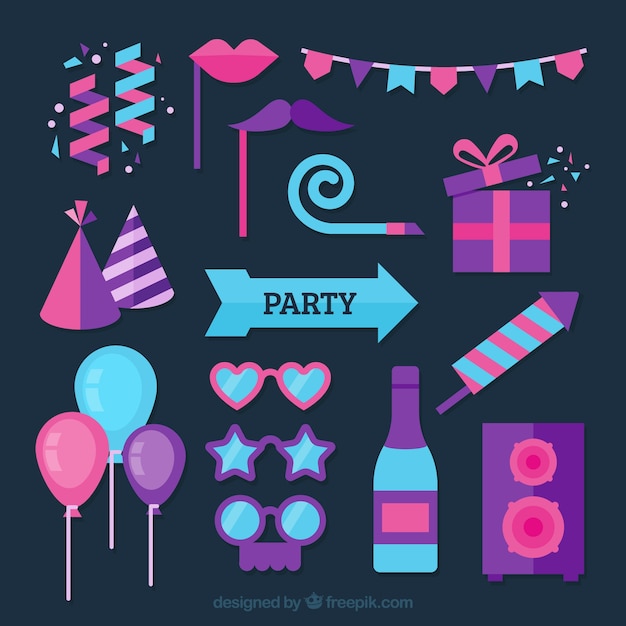 Free vector new year party elements collection in blue, pink and purple