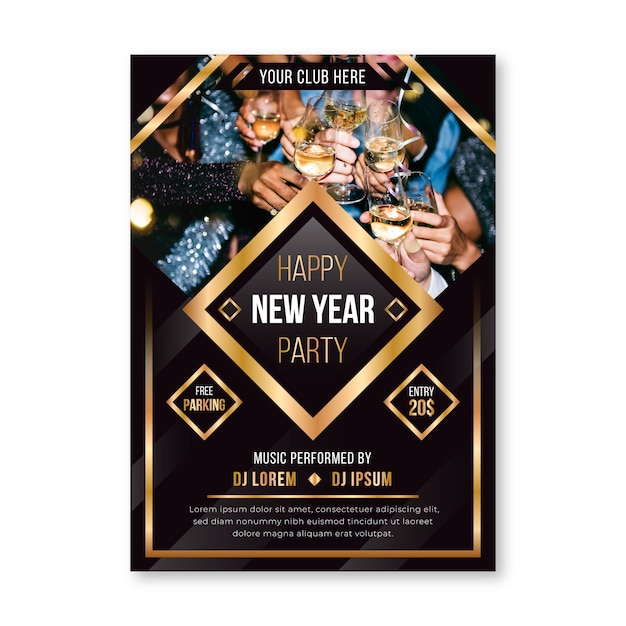 new year party flyer template with photo