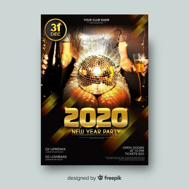 New year party flyer template with photo