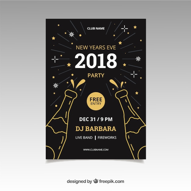 Vettore gratuito poster del partito di new year 2018 con bottiglie di disegni di champagne