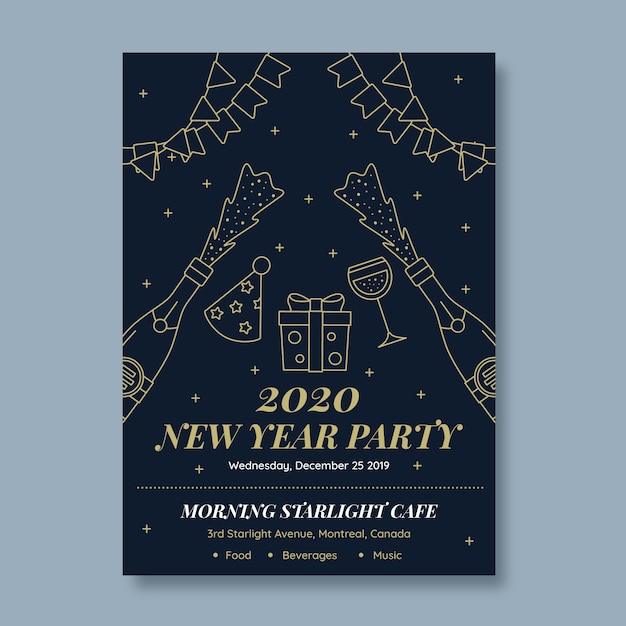 New year party poster template in outline style