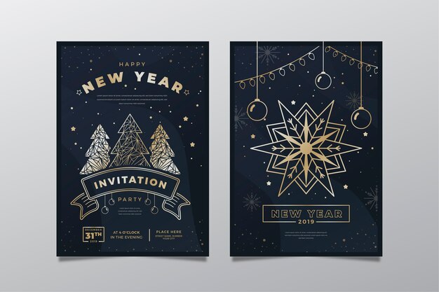 New year party poster template in outline style