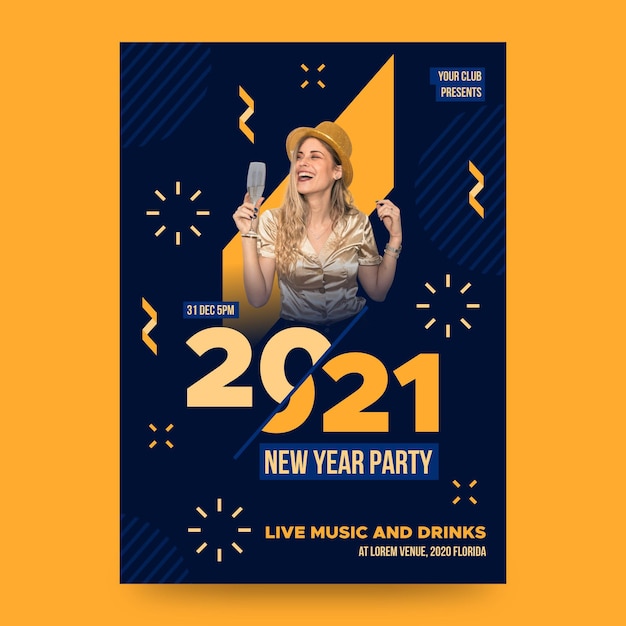 New year party poster template with photo