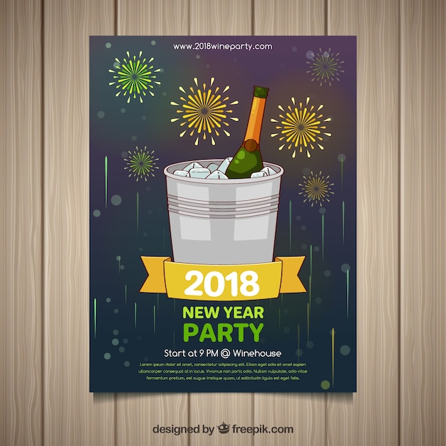 Новогодний плакат с бутылкой шампанского в ведерко