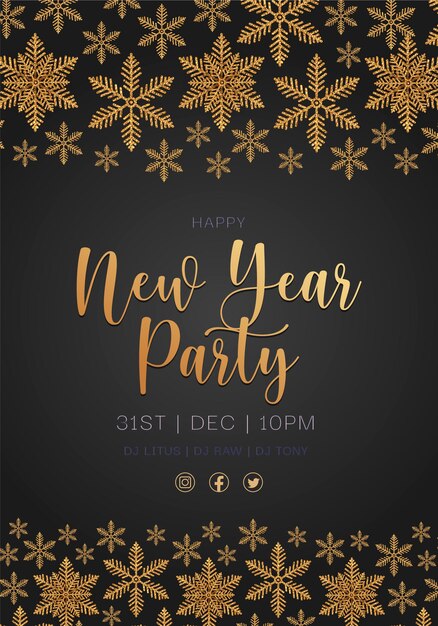 New Year party poster with golden snowflakes