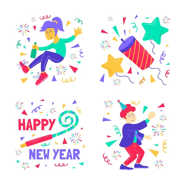 Free vector new year party stickers collection with colorful elements