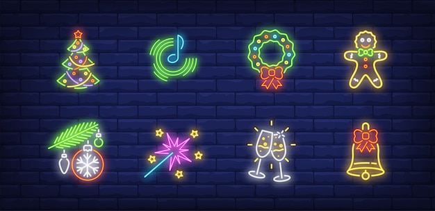 New year party symbols set in neon style