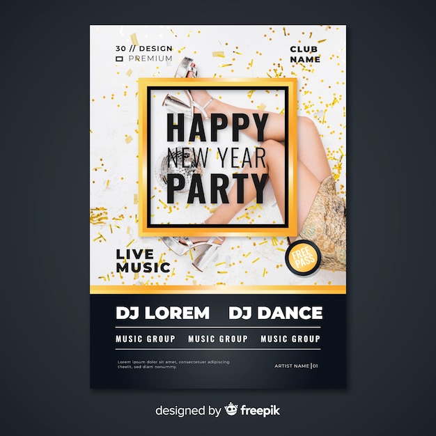 Free vector new year party with woman in elegant dress and high heels poster