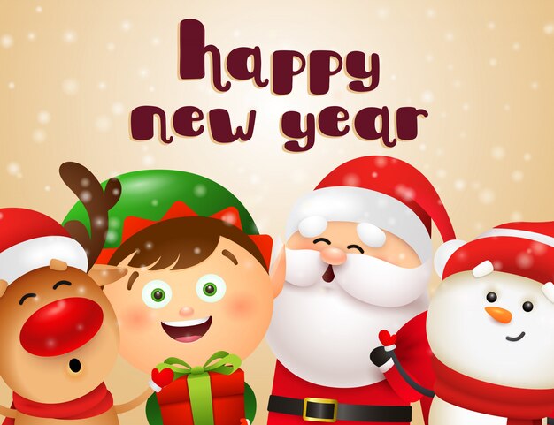 New Year postcard design with cartoon characters