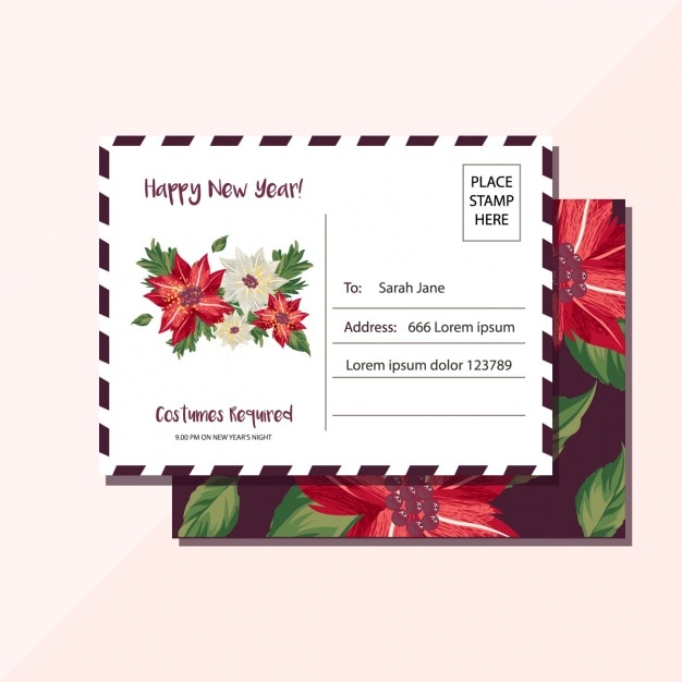 Free vector new year postcard with beautiful flowers