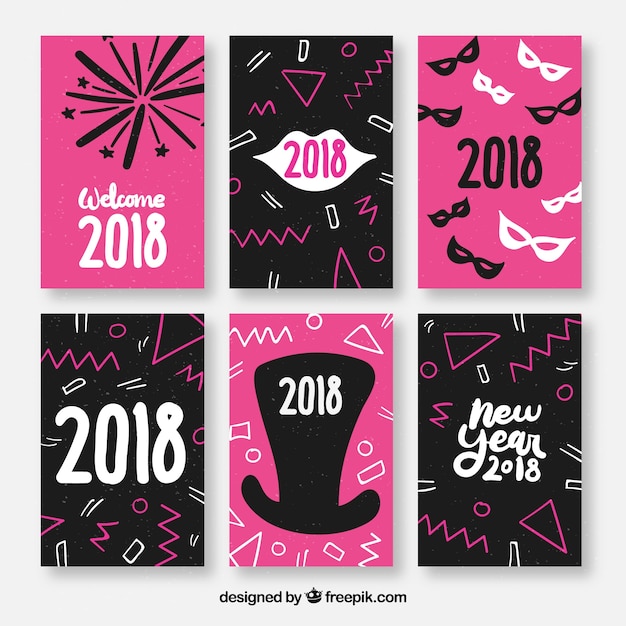 New year postcards set in pink and black