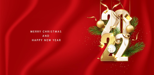 New year red banner 2022 gold glitter numbers. horizontal holiday poster, greeting card, headers for website. happy new year.