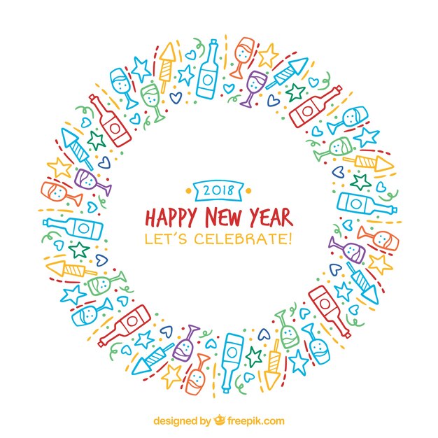 New year's background with wreath of hand drawn elements