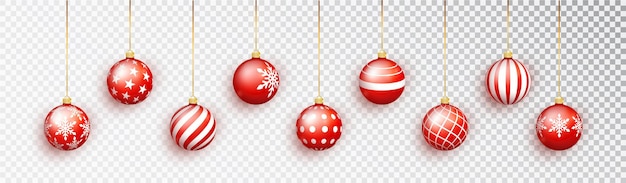 細いリボンにぶら下がっている新年の赤い花輪。白い背景の上のクリスマスボール。