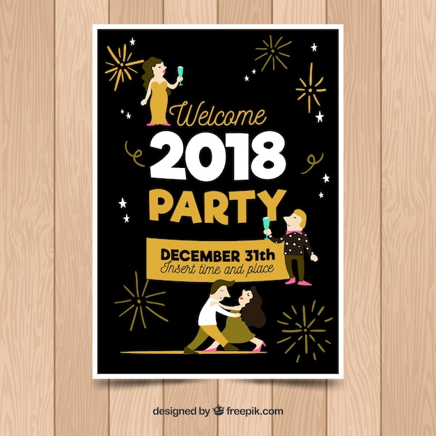 New year's hand drawn party poster with a dancing couple