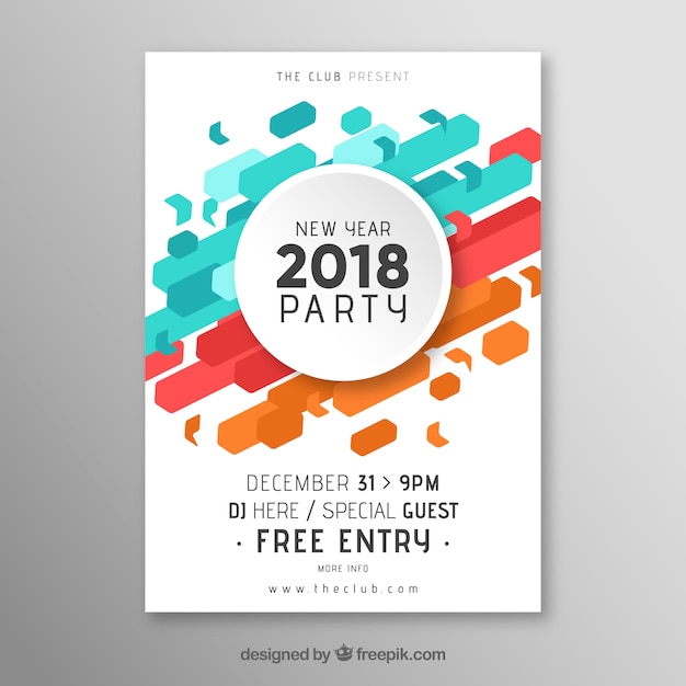 Free vector new year's party abstract poster in white,  turquoise, red and orange