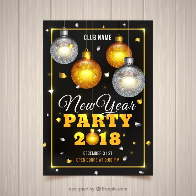 無料ベクター ゴールデンとシルバーのbaublesと新年のパーティーのポスター