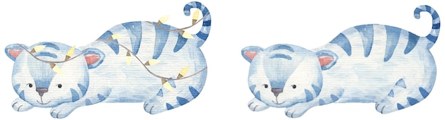 New year set with blue tigers 2022, childish watercolor illustration