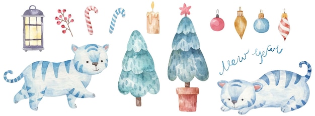 New year set with trees and blue tigers 2022, kids watercolor illustration