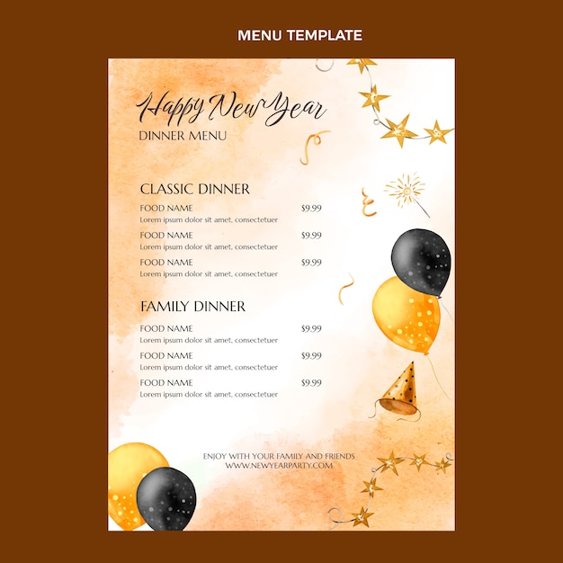 Vettore gratuito modello di menu verticale di capodanno con palloncini