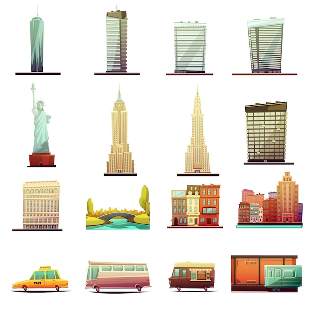 Бесплатное векторное изображение Здания города нью-йорка достопримечательности туристические достопримечательности и транспортные элементы