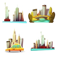 免费矢量纽约市中心的卡通作品和天际轮廓线自由女神像黄色出租车中央公园