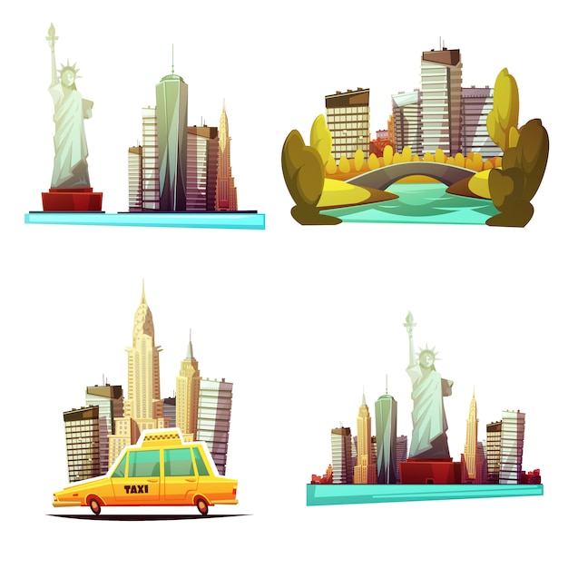 New york downtown cartoon compositions with skylines statue of liberty yellow cab central park