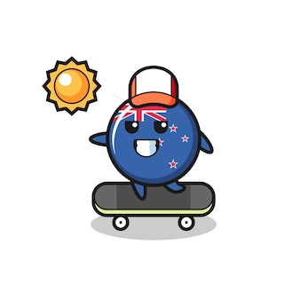 뉴질랜드 국기 배지 캐릭터 그림은 스케이트보드를 타고, 티셔츠, 스티커, 로고 요소를 위한 귀여운 스타일 디자인