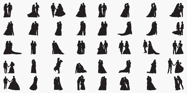 新たに結婚式のカップルのシルエットイラスト プレミアムベクター