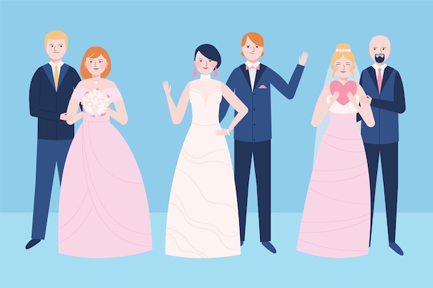 Free vector newlyweds couple waving front view