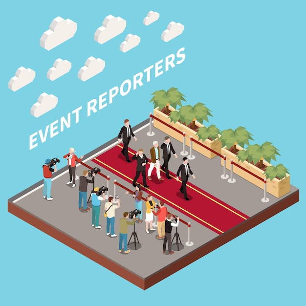 Free vector news media isometric concept with journalist and reporters on red carpet vector illustration