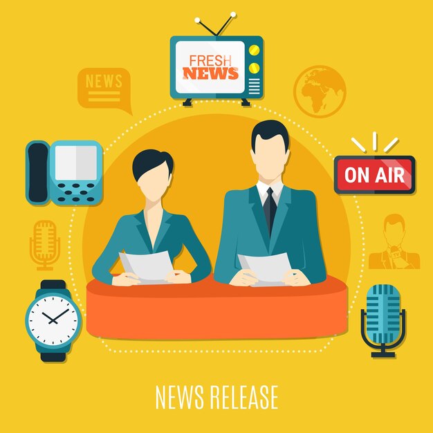 News release design composition with male and female television announcers reading news on air flat vector illustration