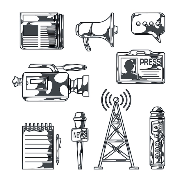 News set with isolated sketch style images of broadcasting equipment portable recorders notepad newspaper and id vector illusration