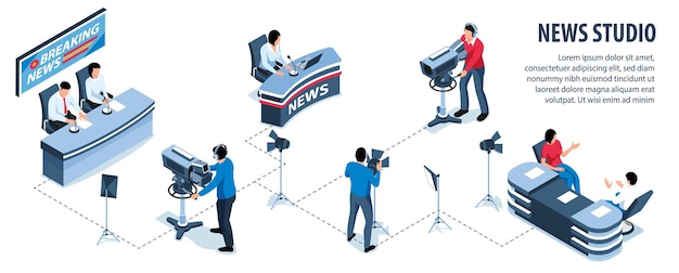 Vettore gratuito infografica isometrica dello studio di notizie con giornalisti professionisti e squadra di tiro al lavoro illustrazione vettoriale 3d