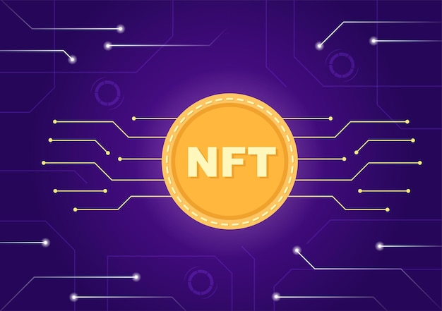 Nft non fungible token crypto art of converting into digital network with coin servers for banner or poster in flat background illustration