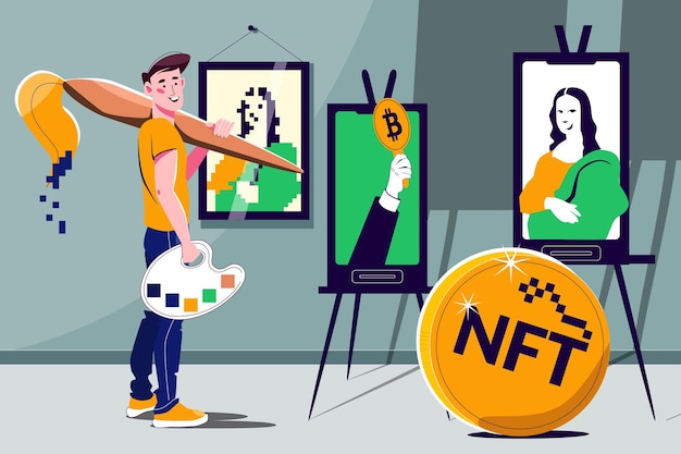 Free vector nft token cryptocurrency flat composition artist standing next to his electronic paintings vector illustration