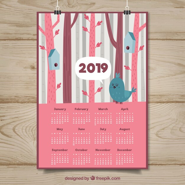 Free vector nice 2019 calendar with birds