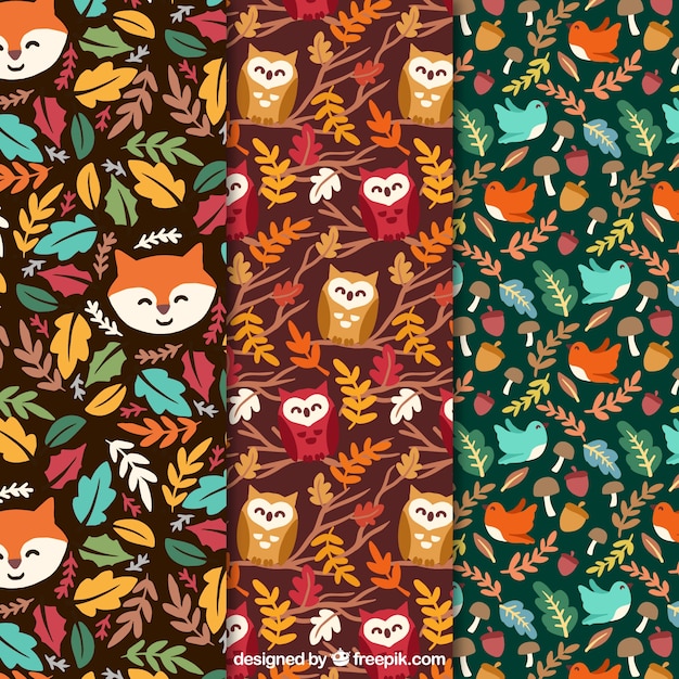 Nice autumn animal patterns set 