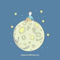 Free vector nice background of boy sitting on the moon