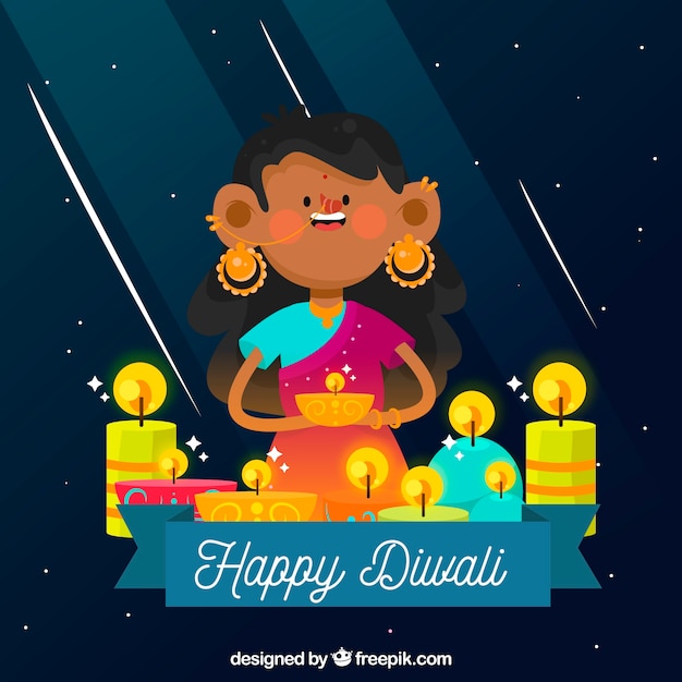 Free vector nice background of girl celebrating diwali with candles