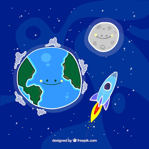 月とロケットで手描きの地球の素敵な背景