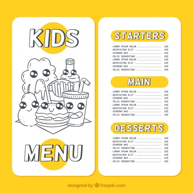 Bel menu per bambini con schizzi di cibo