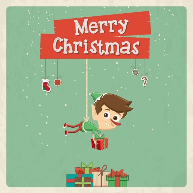 Nice christmas card with elf placing gifts