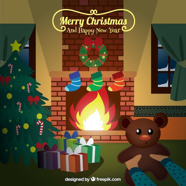 Free vector nice christmas living room with a teddy bear