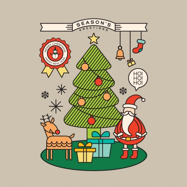 Albero di natale colorato babbo natale cartoon illustrazione con stile contorno