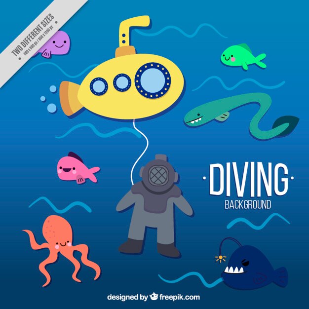 Free Vector nice diving background with a yellow submarine