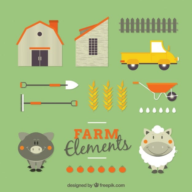 Free vector nice farm animals and accessories in flat design