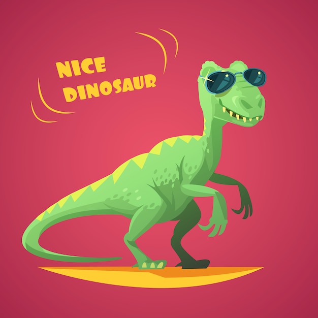 Free vector nice funny green dinosaurus in sunglasses cartoon character toy on red background poster print abstr